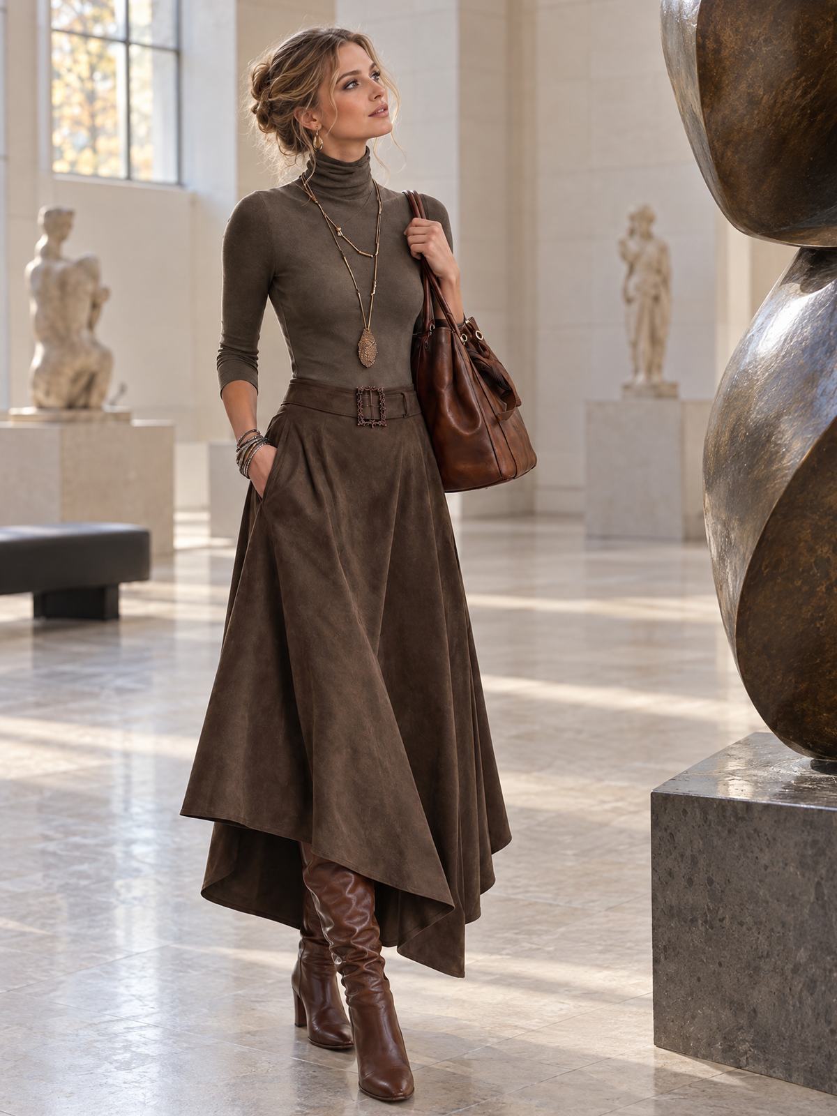 Aurore | Ensemble Top Col Roulé Taupe et Jupe Asymétrique en Daim