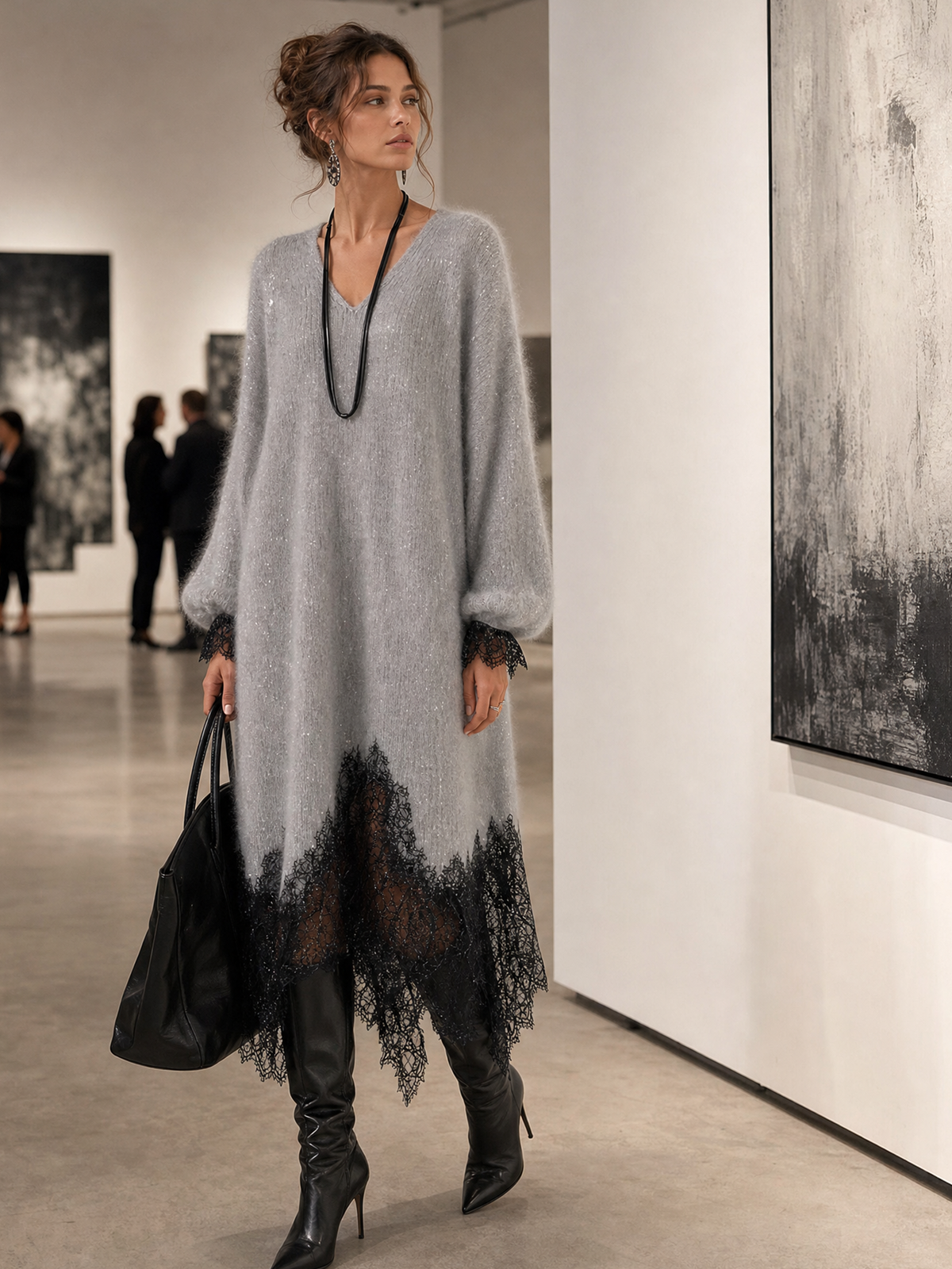 Romane | Robe Midi Grise en Maille avec Ourlet en Dentelle