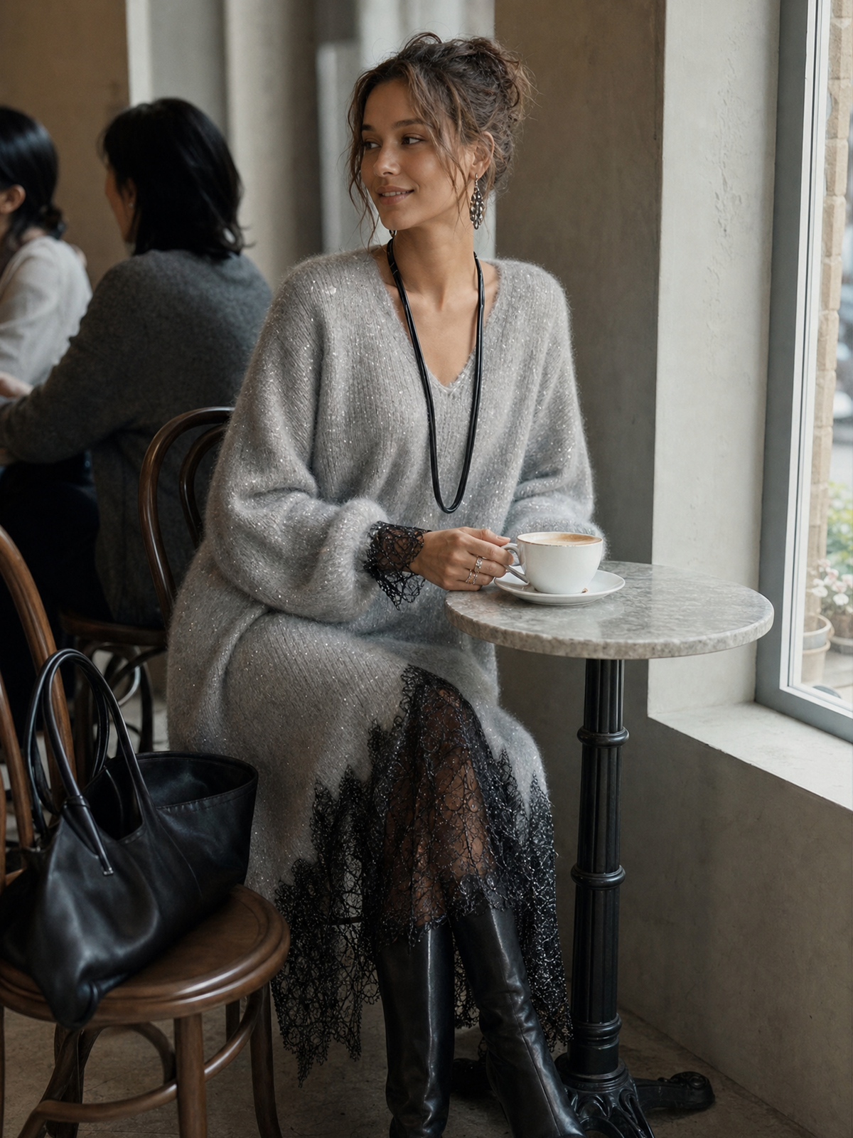 Romane | Robe Midi Grise en Maille avec Ourlet en Dentelle
