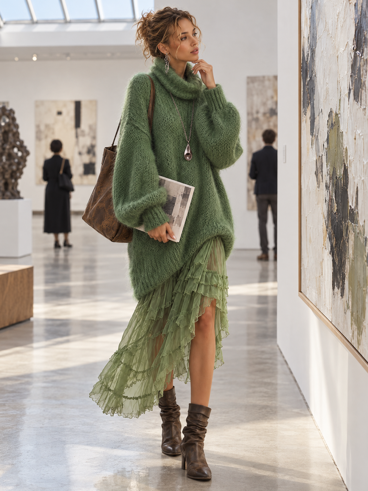 Robe Midi Maille Mohair Vert Ourlet Mousseline