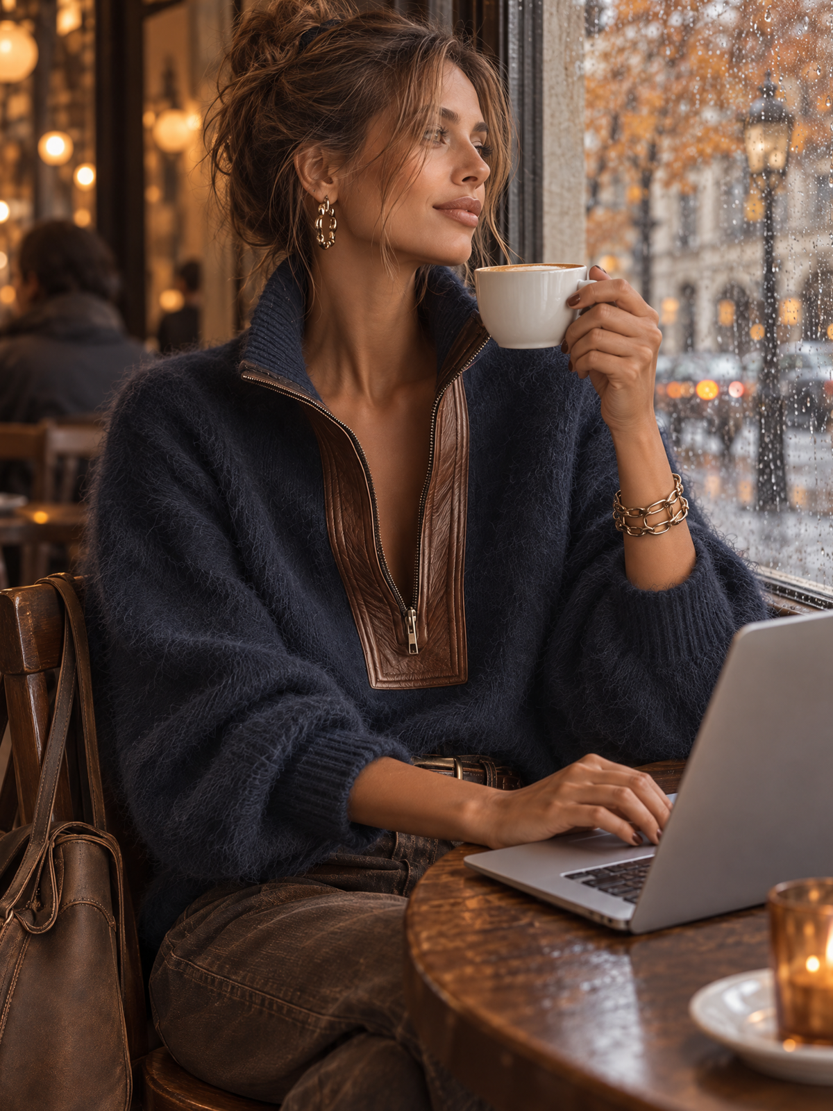 Aurore | Pull Oversize Mohair Bleu à Détails en Cuir PU