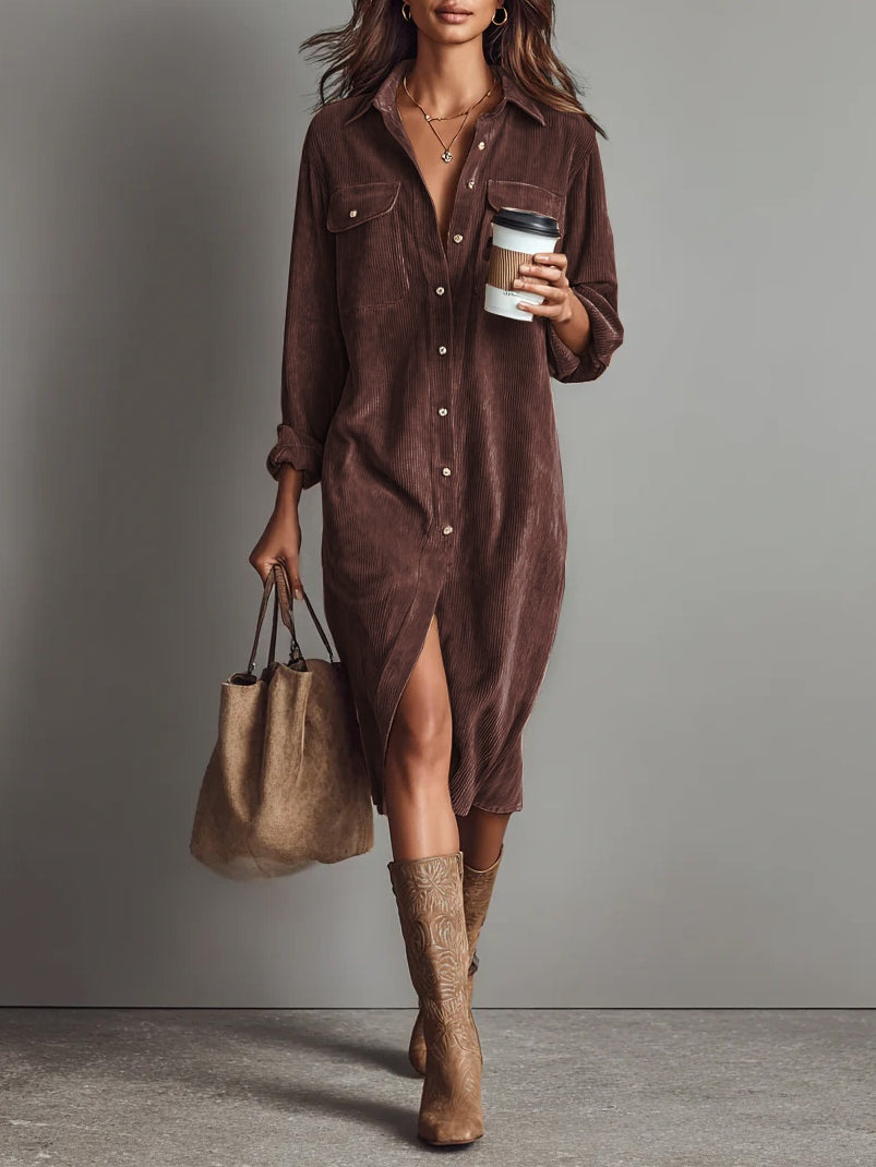 Beatriz | Robe midi en velours côtelé avec poches