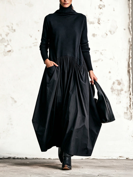 Odette | Robe Maxi Noire Oversize à Col Montant