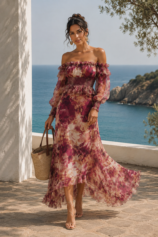 Robe longue en mousseline rose à épaules dénudées