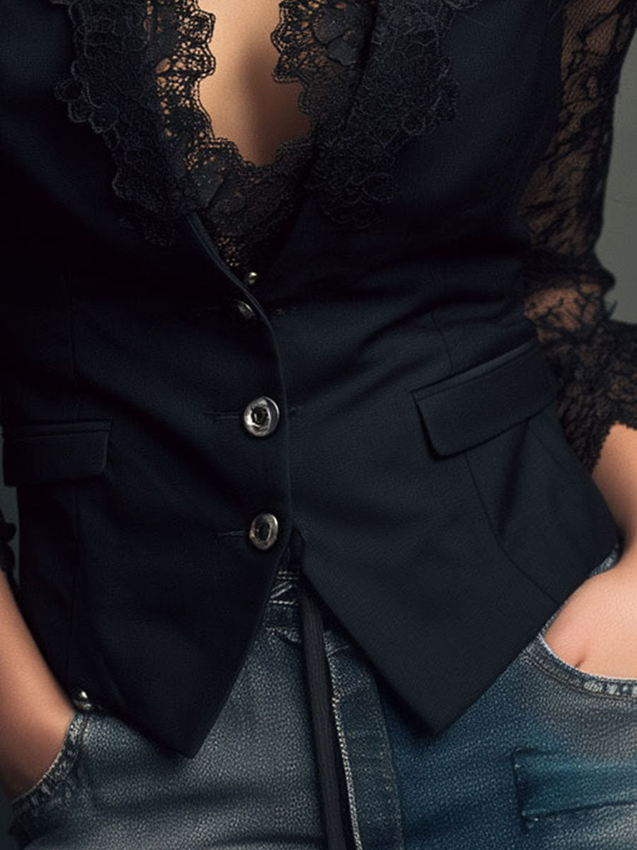 Noelia | Blazer Top Negro de Manga Semitransparente
