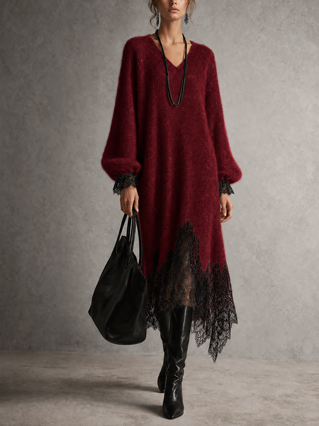 Romane | Robe Midi Grise en Maille avec Ourlet en Dentelle
