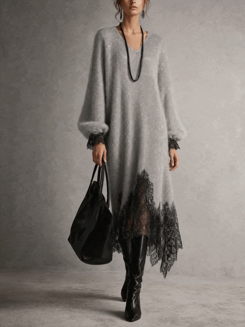 Romane | Robe Midi Grise en Maille avec Ourlet en Dentelle