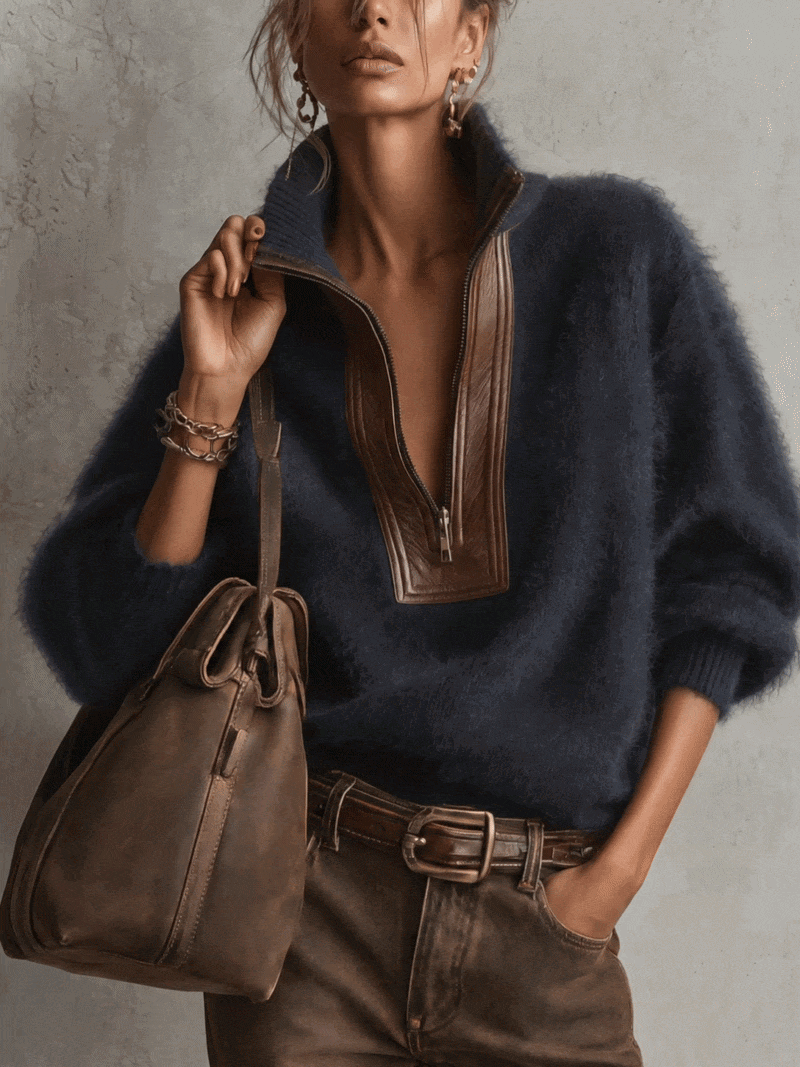 Aurore | Pull Oversize Mohair Bleu à Détails en Cuir PU