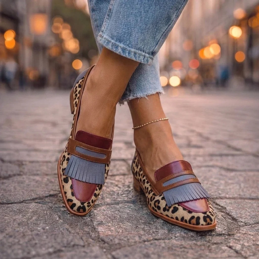 Mocassins Bianca à franges et imprimé léopard