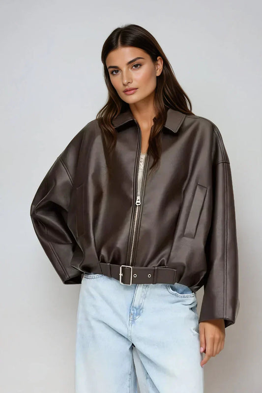 Solène - Chaqueta de cuero oversize con cinturón