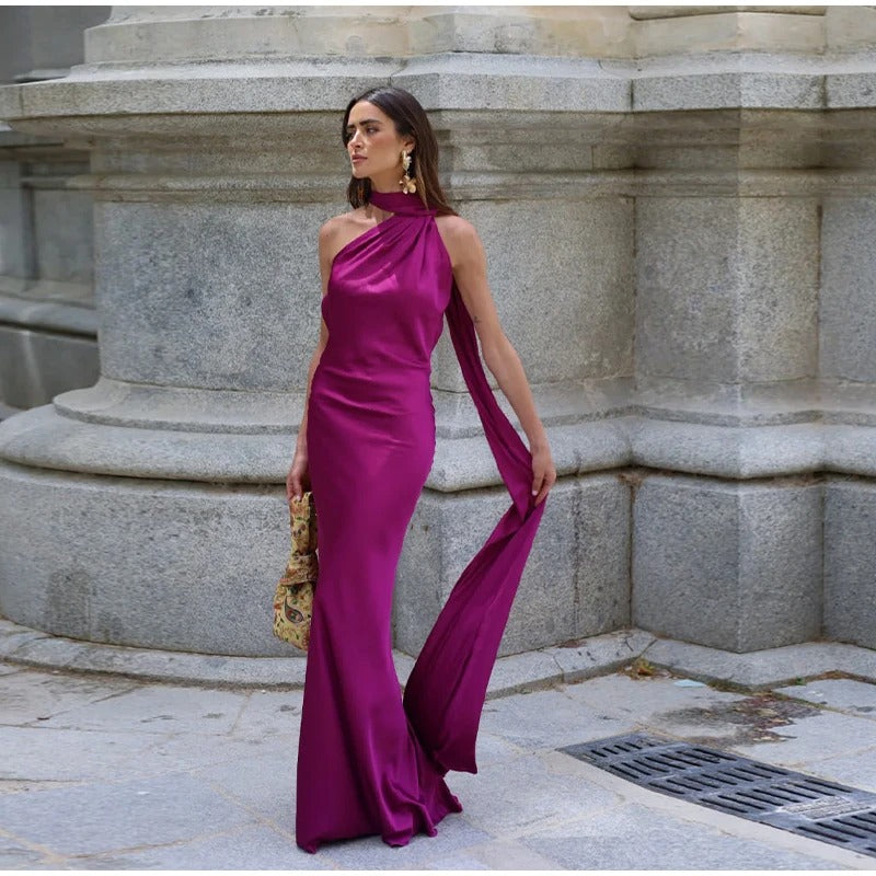 Robe longue asymétrique en satin Vittoria