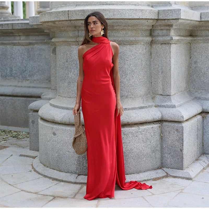 Robe longue asymétrique en satin Vittoria
