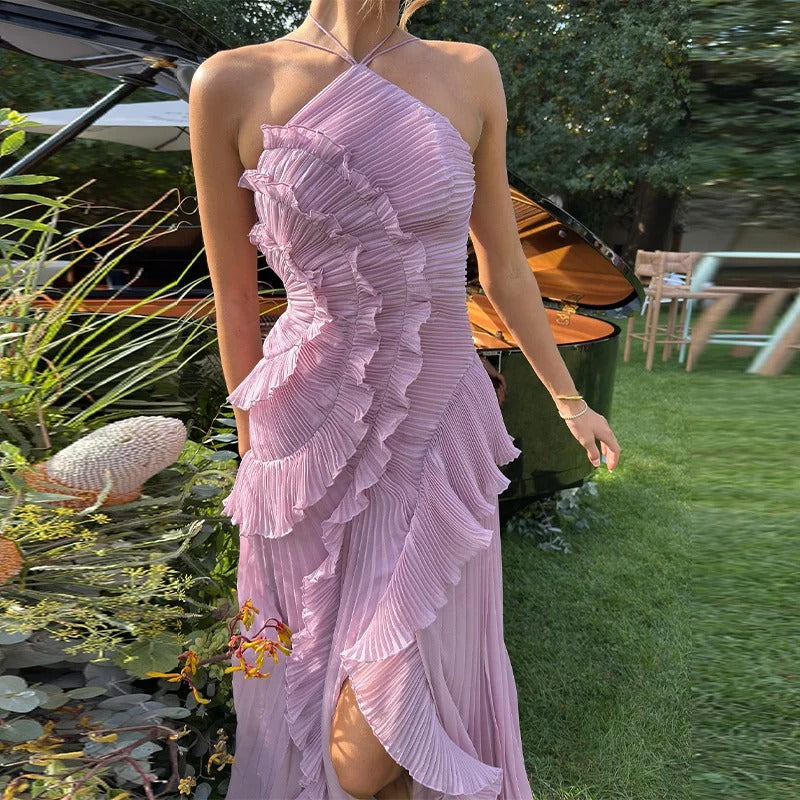 Robe longue plissée à volants bleu ciel