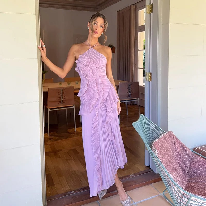 Robe longue plissée à volants bleu ciel