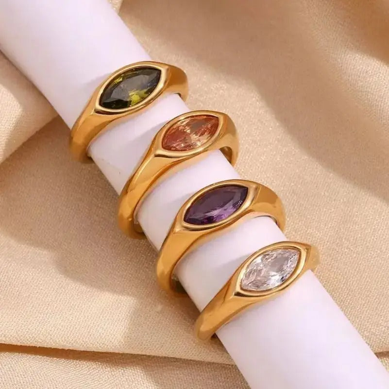 Bague Isabella en or doré avec zircon marquise multicolore