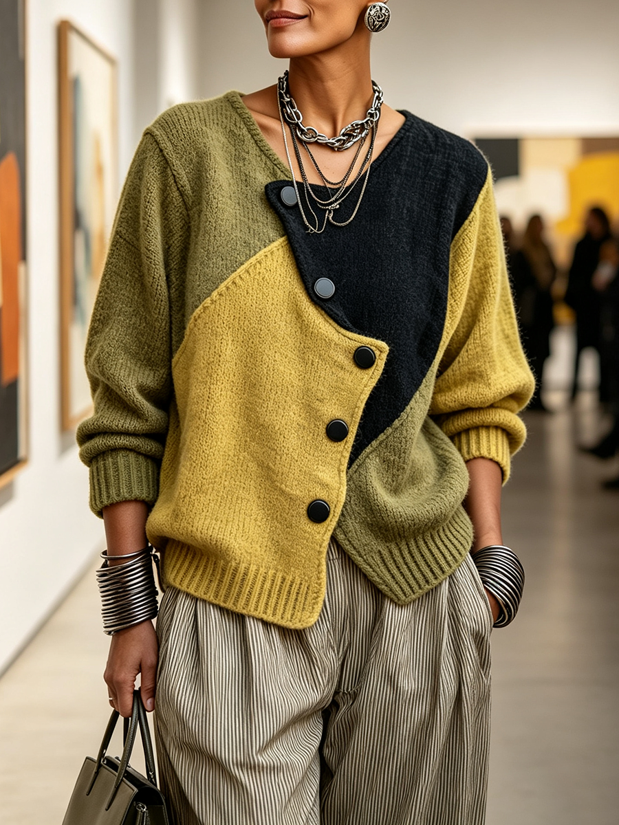 Otilia | Cardigan oversize color-block vert et moutarde