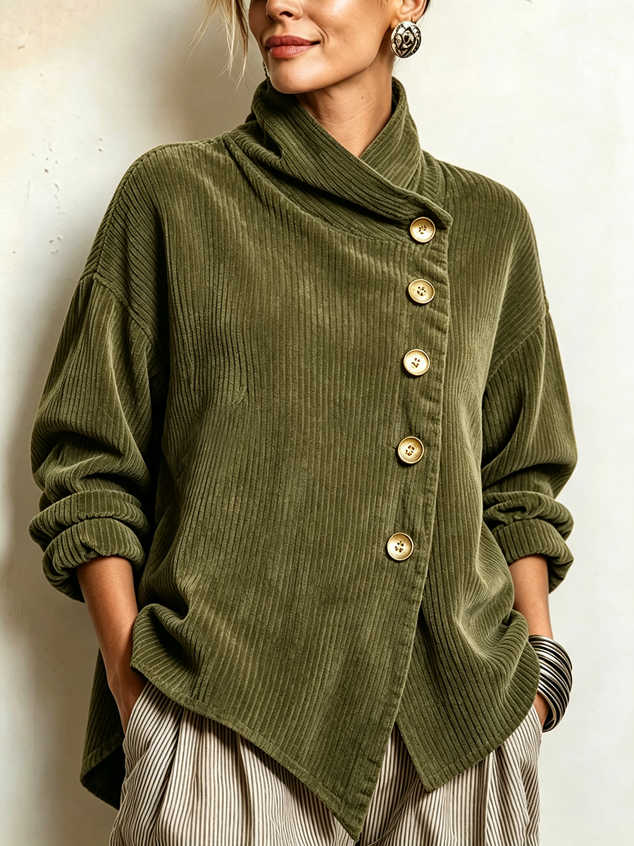 Lucie | Veste en velours côtelé col montant vert olive