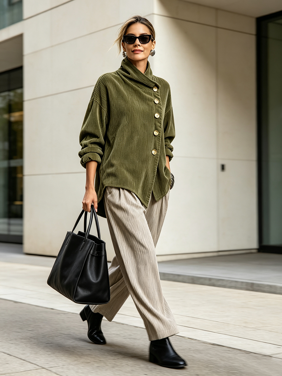 Lucie | Veste en velours côtelé col montant vert olive