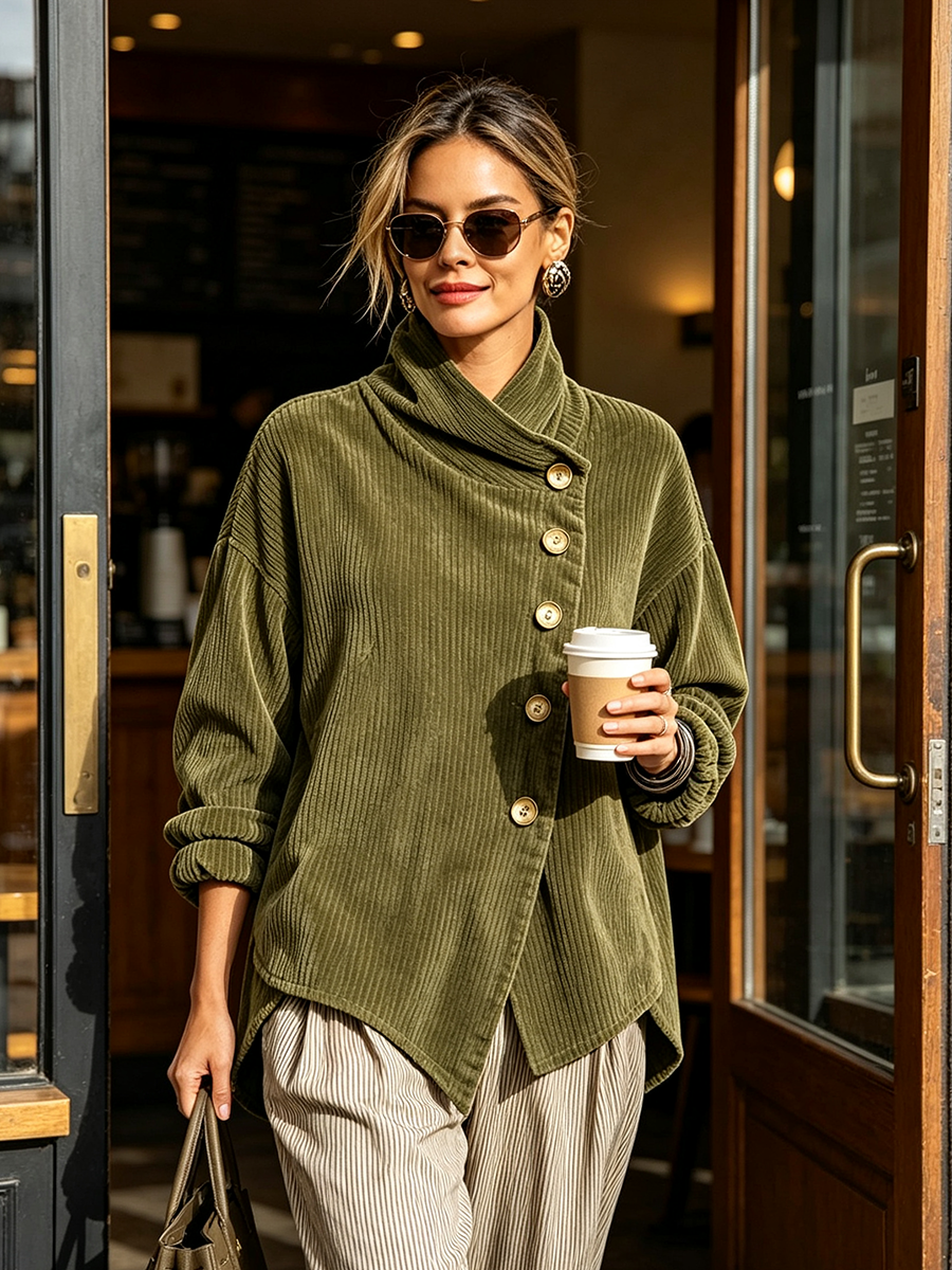 Lucie | Veste en velours côtelé col montant vert olive